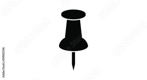 A simple black silhouette depicts a classic push pin featuring a rounded head and pointed tip high quality
