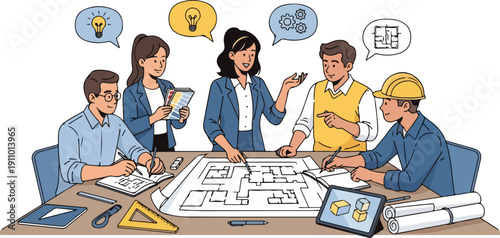 A diverse team of professionals including an architect discussing blueprints and ideas around a conference table with a collaborative and innovative mood.