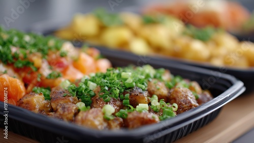 鮮やかな色の前菜が並ぶ、モダンな日本のオフィスでのプロのケータリング