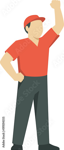 Man in red shirt and cap with fist raised red cap confident