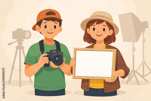 Young caucasian teens in photography studio with blank canvas and camera