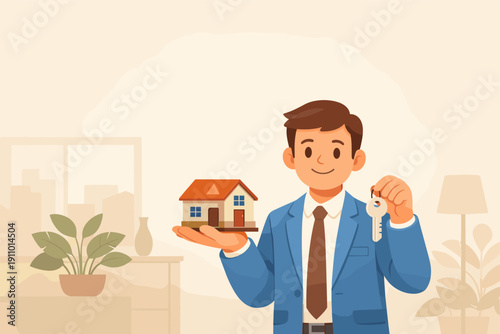 Young male caucasian real estate agent holding house model and key in office setting