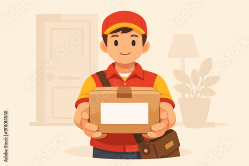 Smiling male delivery person holding a package in front of a door
