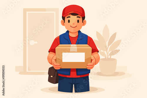 Happy delivery man holding package in front of door