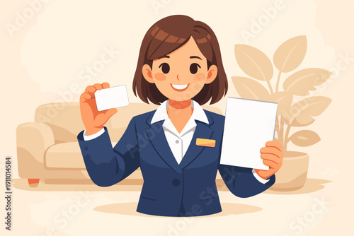 Female asian adult professional holding business cards in office setting