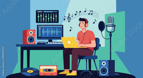 Person wearing headphones creates music on a laptop in a home studio. Musical notes, speakers, and a microphone surround them, conveying creativity.