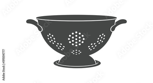 A minimalist black and white illustration depicts a metal colander with numerous circular perforations and handles high quality professional detailed