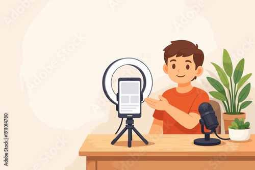 Young male vlogger recording video with smartphone and ring light at home desk