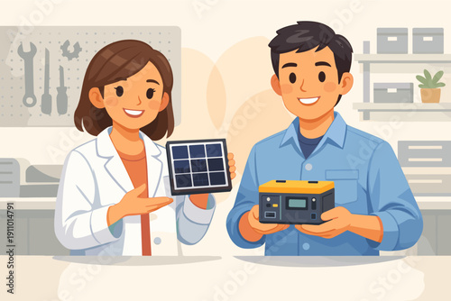 Asian young adults displaying solar panel and battery in workshop setting