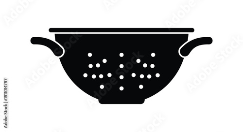 A simple black and white vector illustration depicts a colander with two handles showing numerous circular perforations