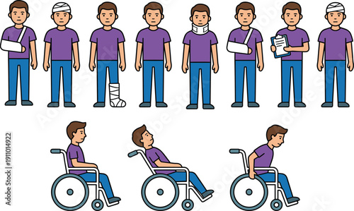 Set of male character icons showing various injuries like broken arm, leg in cast, neck brace, and person in wheelchair