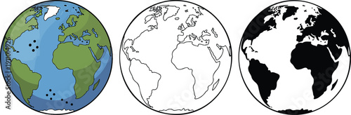 Earth silhouette & Outline and illustration set isolated on transparent background