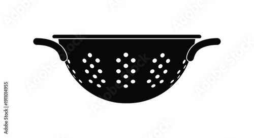 A simple black and white illustration depicts a metal colander with dual handles showcasing its perforated design