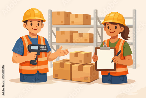 Caucasian young male and female warehouse workers handling inventory with scanner and clipboard