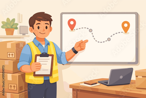 Young hispanic male logistician planning route with map and laptop in office