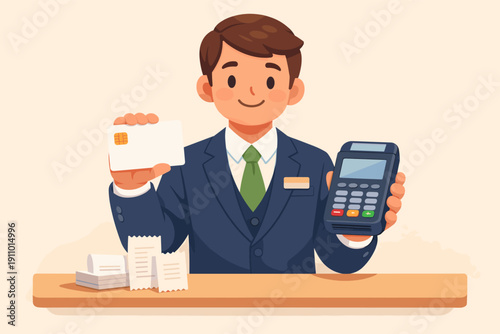 Young caucasian male cashier holding card and payment terminal at checkout counter