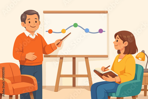 Male presenter explaining chart to female student in a classroom setting