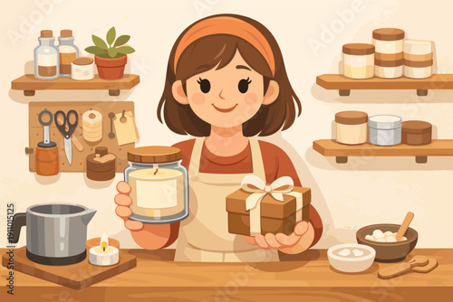 Young asian female artisan displaying handmade candles in cozy workshop