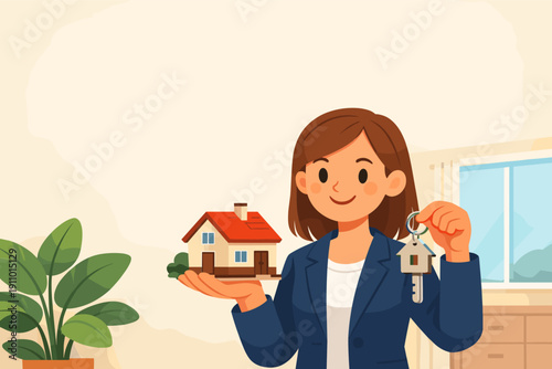 Female realtor holding house model and keys in modern office setting