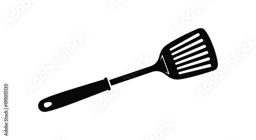 A simple black and white illustration depicts a kitchen spatula laying diagonally on a white background high quality professional detailed