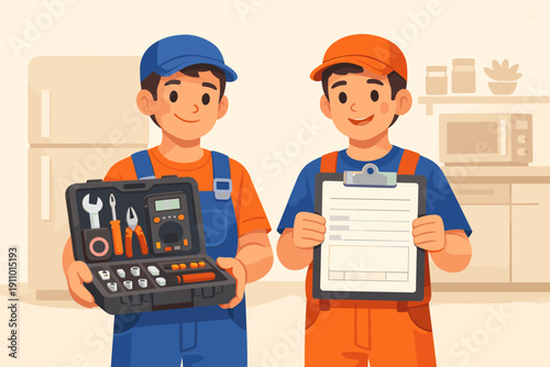Two young hispanic males in work uniforms holding toolbox and clipboard in kitchen setting