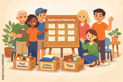 Diverse group of volunteers organizing neighborhood donation drive