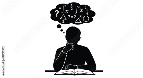 A silhouette of a person deep in thought surrounded by mathematical symbols