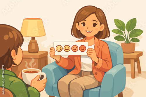 Female therapist showing emotion chart to young caucasian male in therapy session