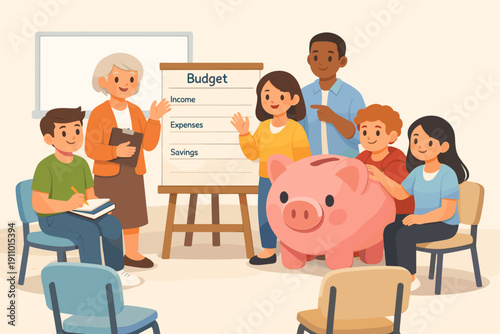Diverse group learning budgeting with educator and piggy bank in classroom setting