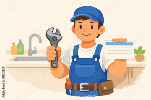 Cartoon male plumber holding wrench and card in kitchen setting