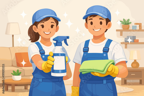 Young caucasian adult male and female cleaning team in blue uniform, smiling indoors