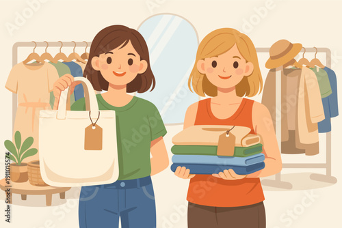 Two young caucasian women shopping in boutique holding tote bag and folded clothes