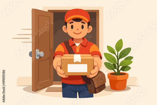 Young male courier delivering package at doorstep
