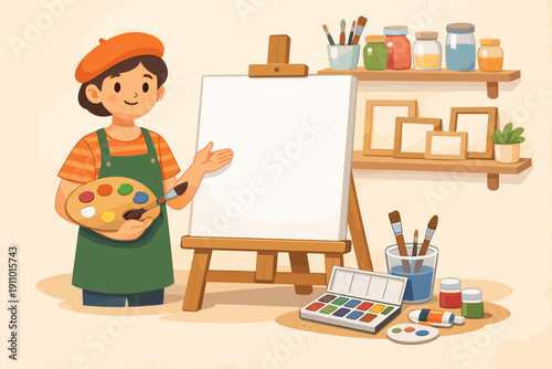 Young hispanic female artist presenting canvas with painting supplies in cozy studio