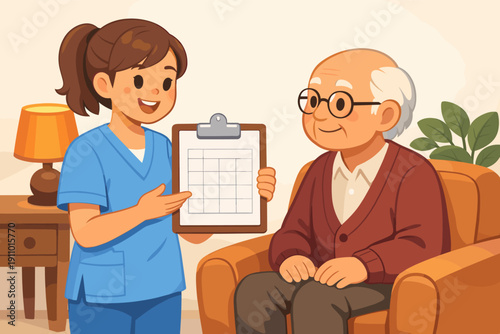 Female nurse assisting elderly caucasian male with care plan in cozy home setting
