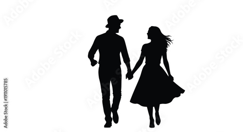 Silhouette of a couple walking hand in hand appearing joyful and in motion