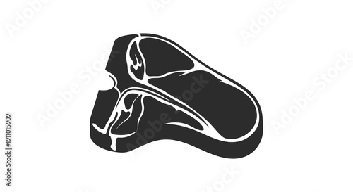 A stylized black and white illustration depicts a single bone in ribeye steak with distinct marbling high quality professional