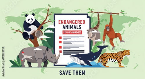 Endangered animals list poster with various species and save them text
