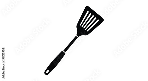 A minimalist black and white illustration depicts a kitchen spatula angled diagonally on a white background high quality professional detailed