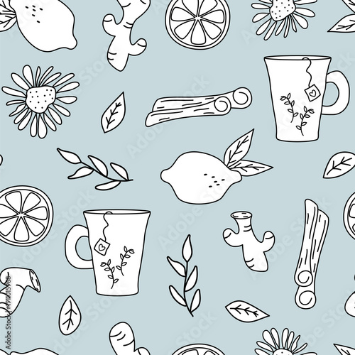 cute hand drawn seamless vector pattern illustration with black and white collection with ginger, cinnamon, chamomille flowers, lemon, tea mug on pastel blue background