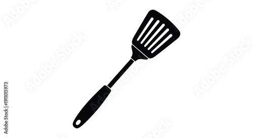 A simple black and white illustration depicts a kitchen spatula angled diagonally on a stark white background