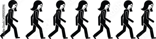 Stick figure woman walking silhouette set, featuring female character motion, daily life activity poses, and human movement icons for vector design