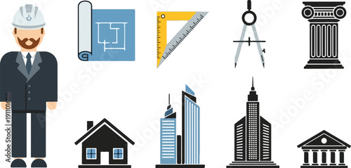 Flat lay illustration of an architect and various architectural icons and tools on a clean white background.