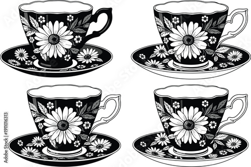 Vintage teacup and saucer set featuring decorative daisy flower patterns, elegant ceramic coffee cups, and ornate floral tea party vector silhouettes