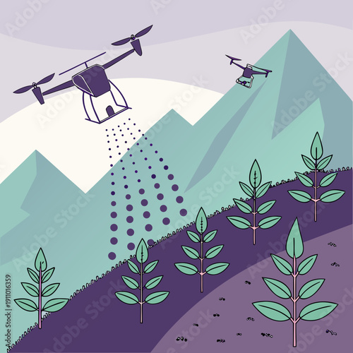 Drone Reforestation Technology Planting Trees Over a Landscape for Environmental Recovery and Biodiversity