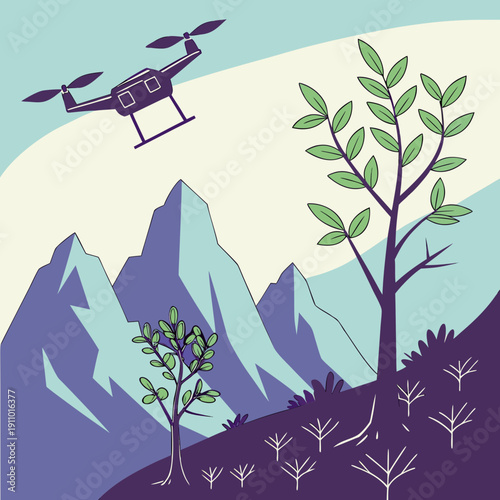 Drone Reforestation Technology Planting Trees Over a Landscape for Environmental Recovery and Biodiversity