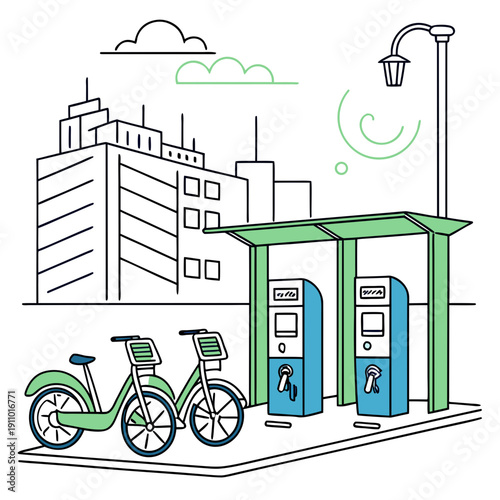 Minimalistic Vector Illustration of an Electric Bike Sharing System in a Modern Eco City