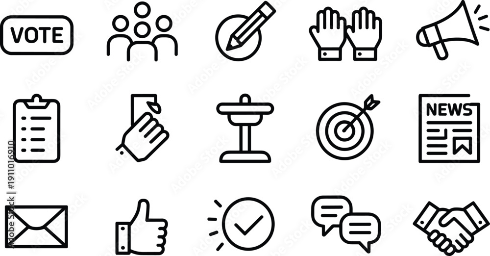 Obraz premium Vote and community participation icon set with target news handshake speech bubble and checkmark symbols outline art