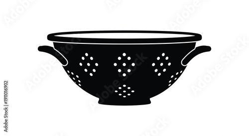 A simple black and white illustration depicts a metal colander with handles and numerous circular perforations high quality