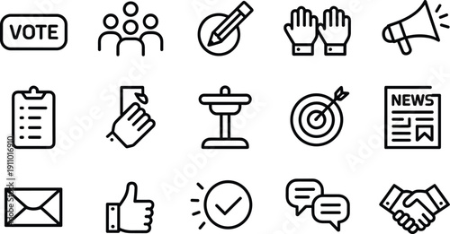 Vote and community participation icon set with target news handshake speech bubble and checkmark symbols outline art